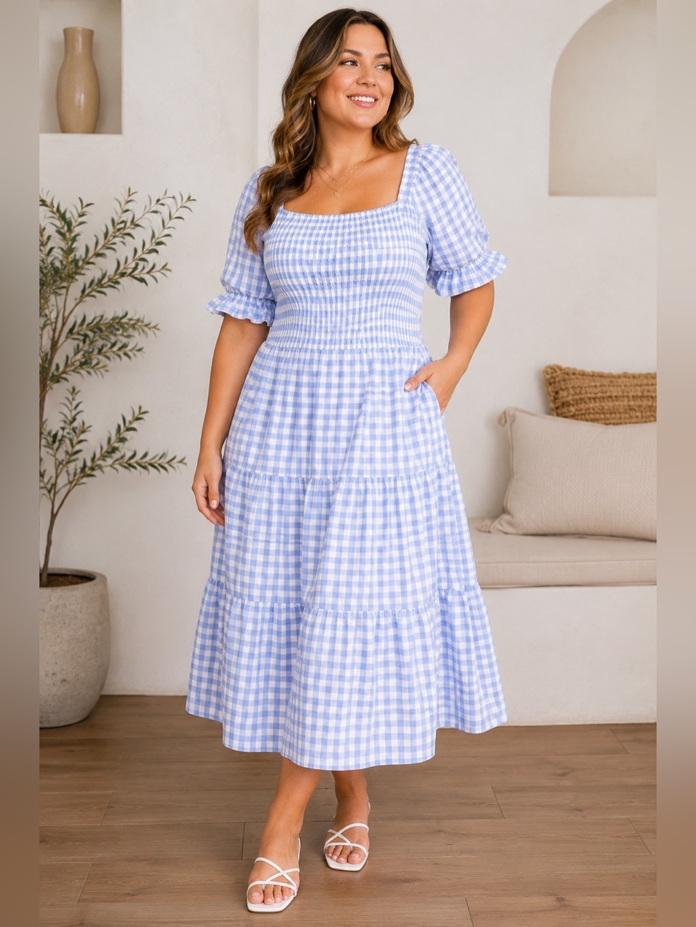 Blue White Gingham Maxi Dress Puff Sleeve Tie Back Women's XL Cottagecore